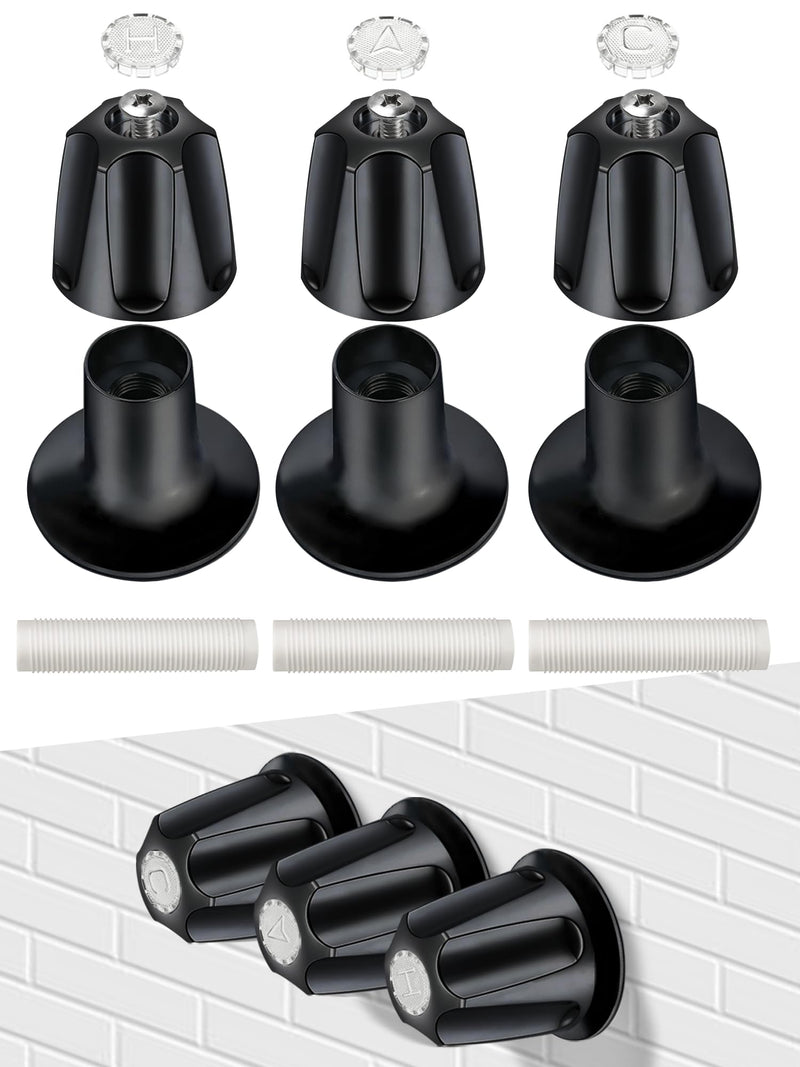 3 PCS Metal Shower Knob Replacement, Tub Faucet Handle with Hot/Cold/Diverter/Flange Base, Bathtub Knob Compatible with Price Pfister Verve Fits 5-1/2''H,12 Tooth Broach Stem (Black) Black