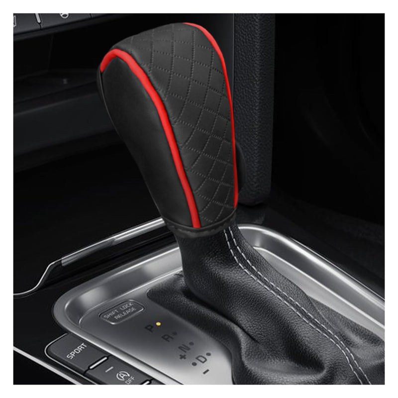Leather Car Gear Shift Knob Cover, Anti-Slip Breathable Car Shifter Lever Cover, Automatic Shift Knob Handle Protector, Universal Auto Interior Decorative Accessory for Sedan, SUV (Black/Red) Black/Red