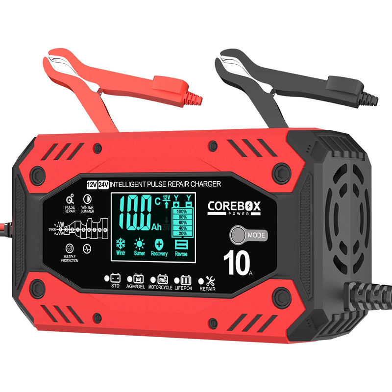 Battery Charger 10-Amp 12V/24V Smart Trickle Charger for Car - Battery Maintainer Trickle Charger, and Automotive Battery Charger with Temperature Compensation for Car Truck Motorcycle Lawn Mower 10CD
