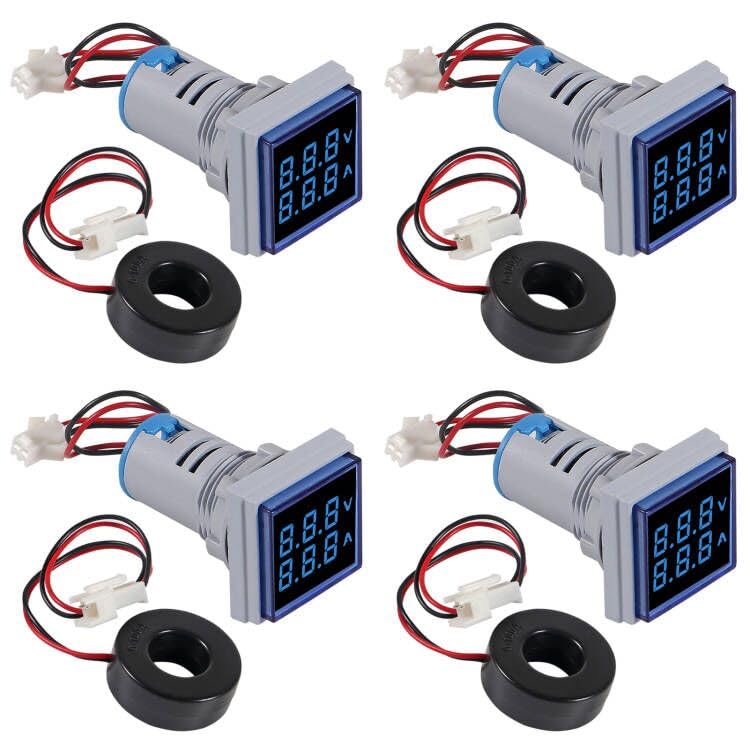  [AUSTRALIA] - Blue LED Display Voltmeter, Square Dual Display Voltmeter and Ammeter LED Digital Voltage Gauge AC 60-500V 0-100A Current Meter Indicator (4pcs) 4pcs
