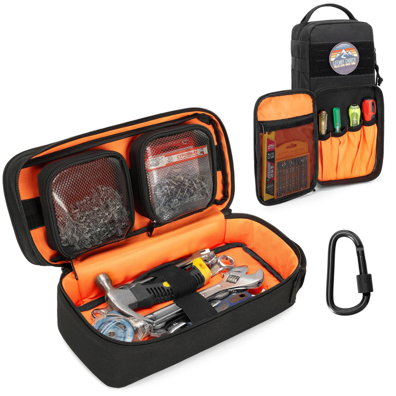 Rexmica Heavy Duty Small Tool Bag Storage with 2 Zipper Pouches, Multi-functional Tactical Molle Tool Organizer Case with Locking Carabiner for Camping, Road Trip, Electricians, EDC, Multimeter Case