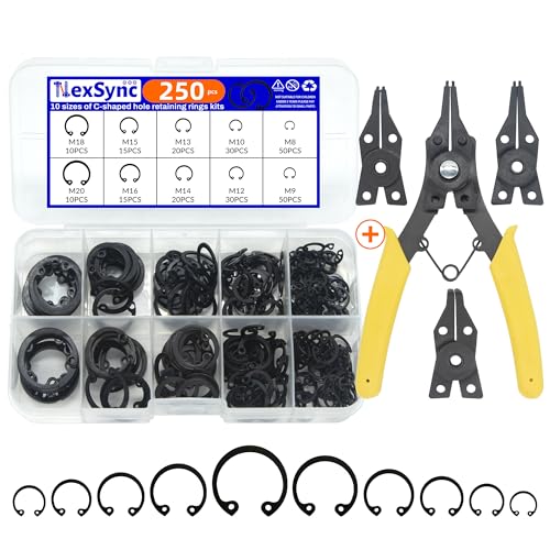 250Pcs c clips Internal Retaining Rings Snap Rings Assortment Kit Circlip Alloy Steel(M8-M20) + 4-in-1 Snap Ring Pliers with 3 Extra Convertible Jaws Manganese Steel 250-pc C-Clips(Internal)+Pliers