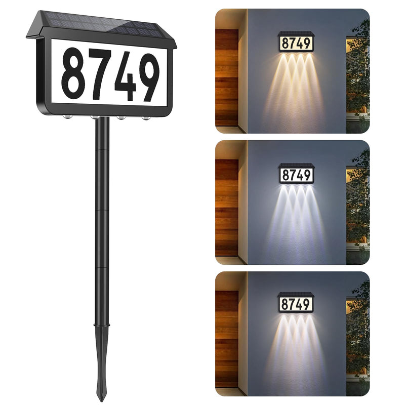 Brightever Solar Address Signs, House Number for Outside Waterproof, 3-Color LED Illuminated Address Plaques with Stake, Wall Mounted Solar Powered Light Up Address Numbers for Houses, 1-Pack Black Pack of 1