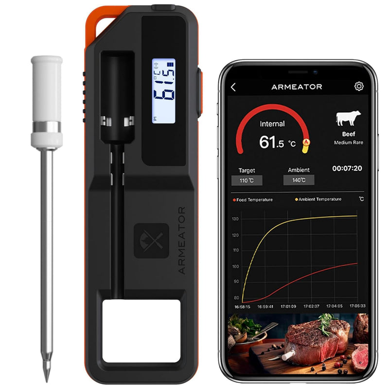 Wireless Bluetooth Meat Thermometer with Dual Sensors- Long Range Bluetooth Meat Thermometer for Grill, Air Fryer, Oven Real Time Instant Read Monitoring Red/black-1 Probe