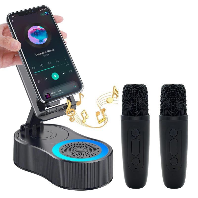 Gifts for Men Women,Cell Phone Stand with Wireless Bluetooth Speaker,Colorful Ambient Light 360° Foldable for Tablet iPhone Android 2 Wireless Microphones HD Surround Sound (Black) Black