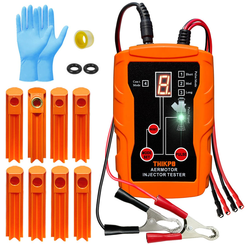THIKPO Fuel Injector Tester and Cleaner Tool Kit, DIY Cleaning Tool Kit, 8 Pulse Modes for Injector Tester, 2 Fuel Injectors Simultaneously Test, 4 Size Cleaning Adapters, 12V/5V Output Power Orange