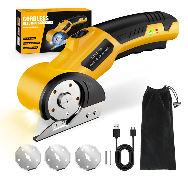 Cordless Electric Scissors,4V Rechargeable Cardboard Cutter Heavy Duty Scissor with Safety Lock & LED Light for Box Carpet Plastic Fabric(Yellow)