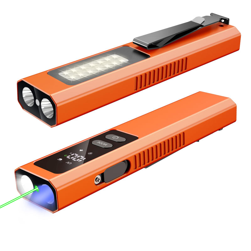 EDC Flashlight 4 in 1 Pocket Magnetic Slim Flat Flashlight High Lumens Work Light with Green Beam & UV Light & Warning Light Combo EDC Rechargeable LT-010 (Orange) Orange