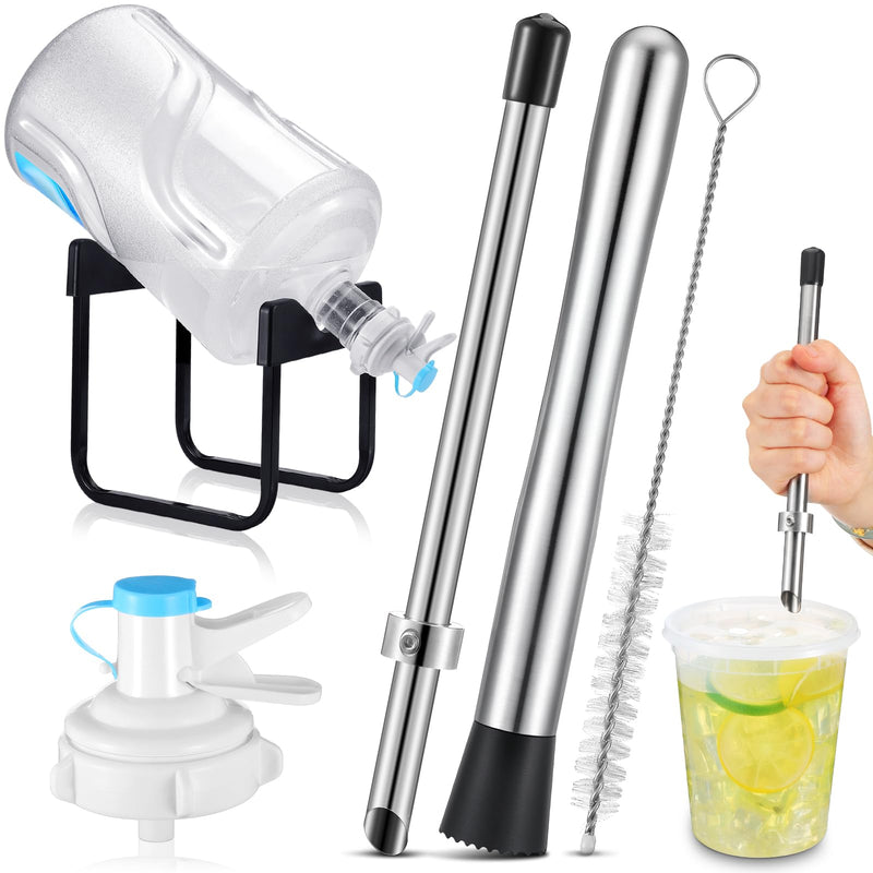 Chunful Lemonade Stand Supplies Include Stainless Steel 3-5 Gallon Water Jug Stand, Dispenser Valves, Straw Brush, Straw Puncher for Plastic Lids Lemonade Cups with 9.8 Inch Stainless Steel Muddler