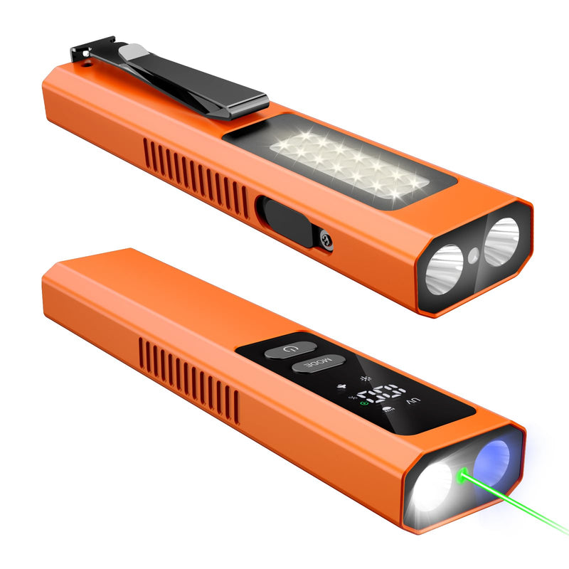 EDC Flashlight 4 in 1 Pocket Magnetic Slim Flat Flashlight High Lumens Work Light with Green Beam & UV Light & Warning Light Combo EDC Rechargeable LT-010 (Orange Color) Orange
