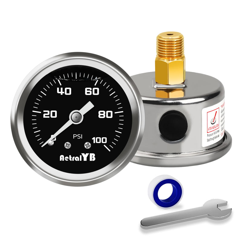 0-100 Psi Fuel Pressure Gauge, 1-1/2" Dial Size, 1/8" NPT Back Mount, Glycerin Liquid Filled, Stainless Steel Case, Inline Low Pressure Gauge, for Water Oil Air Pressure Test 0-100PSI