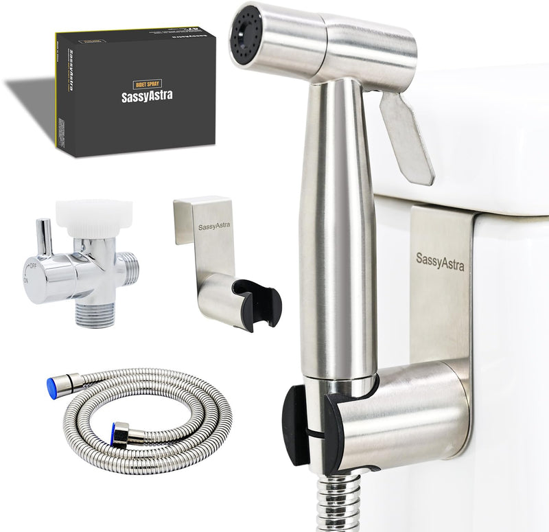 Handheld Toilet Bidet Sprayer — Adjustable Water Pressure, with Hose, Feminine & Pet Wash Kit, Bathroom Hygiene Attachment for Cloth Diaper Cleaning (Quick Install, Stainless Steel) 1 Pack