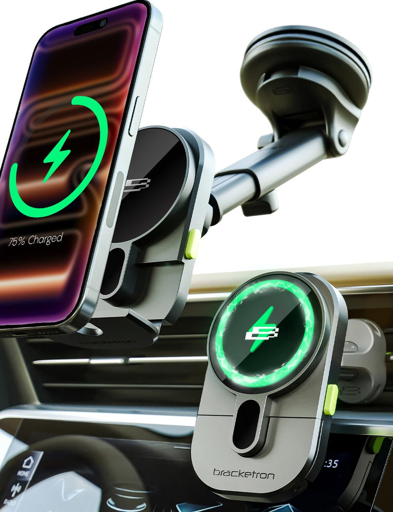 Bracketron MagAlign Extend 15W Magsafe Car Mount Charger, Magnetic Car Phone Holder Charger Wireless Car Charger for iPhone 17 Pro Max 16 15 14 13,Vent/Windshield/Dash Phone Mount Holder Fast Charger Magalign Power Up