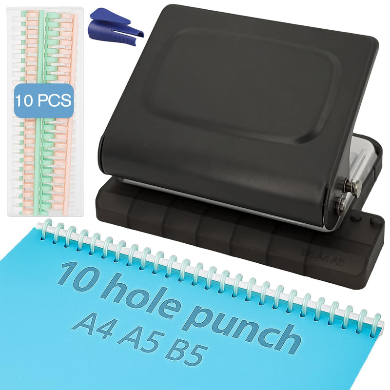 10-Hole Binding Machine for Planner (Black) - Manual Punch with 10 Multi-Color Binding Spines - Punches 26 Holes on B5, 30 Holes on A4, 20 Holes on A5 Paper Black