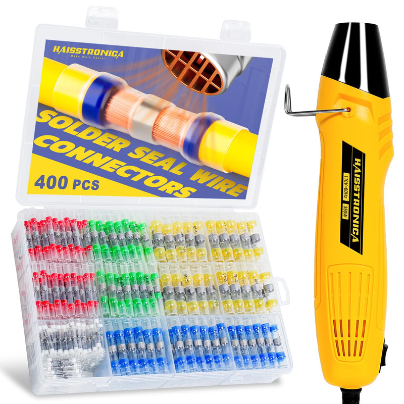 haisstronica 400 PCS Solder Seal Wire Connectors with Mini Heat Gun Kit, Waterproof Heat Shrink Wire Connectors, 10-26 AWG Solder Stick Wire Connectors for Automotive, Marine & Wiring Repair 400PCS