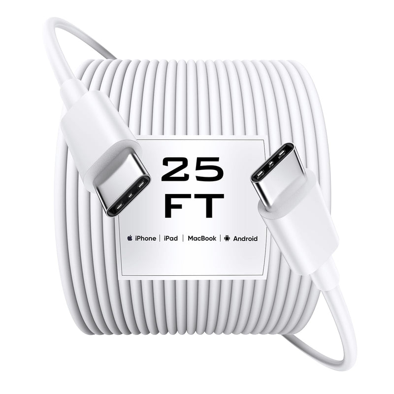 USB C to USB C Cable 25FT [60W Fast Charging, Extra Long Type C Cable] (No Data Transfer) for iPhone 16/15, Galaxy, Pixel, Switch, Camera & More - White 1