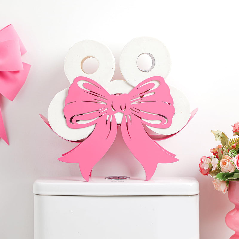 Geelin Pink Bow Bathroom Decor Pink Toilet Paper Holder Metal Paper Storage Wedding Bow Bathroom Decor 8 Rolls Toilet Tissue Holder Wall Mounted for Restroom Bedroom Coquette Home Decoration