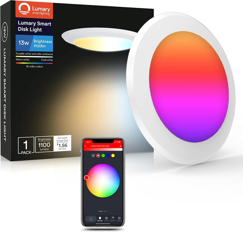 Lumary Smart Flush Mount Ceiling Lights 5/6 Inch, RGBWW WiFi LED Disk Light, Color Changing 2700-6500K Dimmable Recessed Lighting, Surface Mount, Compatible with Alexa/Google Assistant 1 Pack