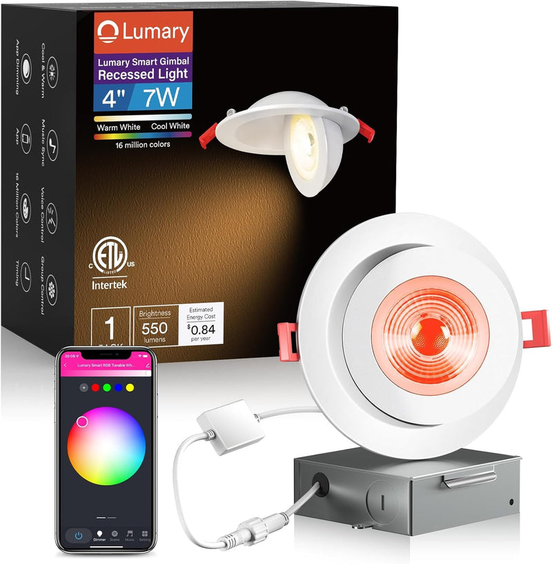 Lumary Smart RGB Gimbal Recessed Lighting 4 Inch, 355° Rotatable+90° Tilt | 7W COB Eyeball Light, 26° Beam Angle Directional Light, 2700-6500K, Compatible with Alexa/Google Assistant, ETL, 1 Pack