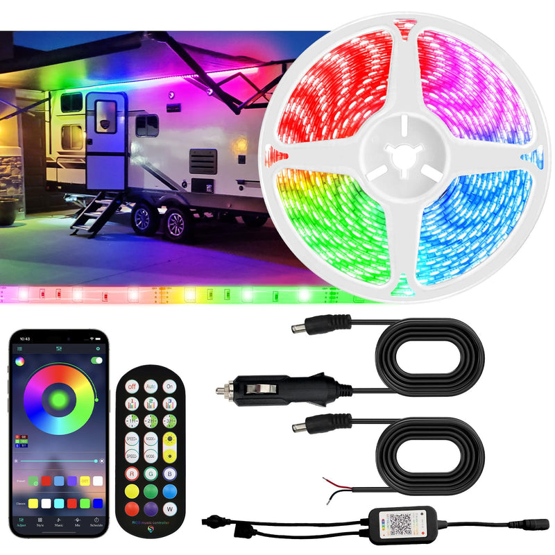 16.4FT RV Awning Lights, 12V Camper LED Light Strip with Remote and APP Control, Waterproof RV Exterior Strip Lights for Canopy Motorhome Travel Trailer Camping BBQ Kitchen (1PC-16.4FT New) 1PC-16.4FT NEW