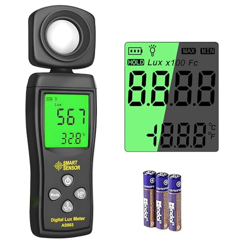 Digital Light Meter, Backlit LCD Display Lux/Foot Candles Meter with 180º Rotating Sensor, Range up to 200,000 Lux Luxmeter,for Photography Plants Lighting Intensity Brightness Measurement Black