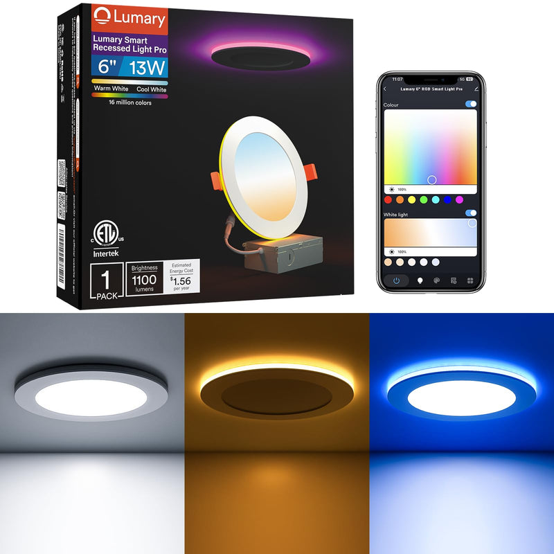 Lumary Smart Recessed Light Pro 6 Inch with RGB/Night Ring, 13W 1100LM Smart Wafer Downlight, Canless with Junction Box, Compatible with Alexa/Google Assistant/BT Remote, ETL Listed, 1Pack White 6Inch 1 Pack