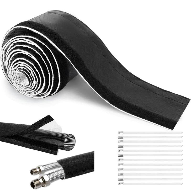 Wire Heat Shield for Hose Lines & Electrical Wiring, Heat Shield Wrap Automotive for Exhaust and High-Temperature Pipes with 20 Pcs Stainless Steel Ties, 3/4" I.D.x 10FT, Black 3/4" I.D. x 10FT