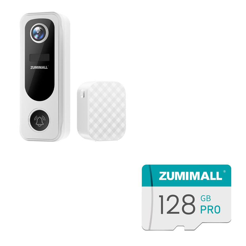 ZUMIMALL Doorbell Camera Wireless, Video Doorbell Wireless with Chime&SD, 2 Way Audio, Voice Changer, 30s Voice Message, Anti-Theft, AI Detection, 2.4Ghz WiFi, Battery Powered, Work with Alexa, White