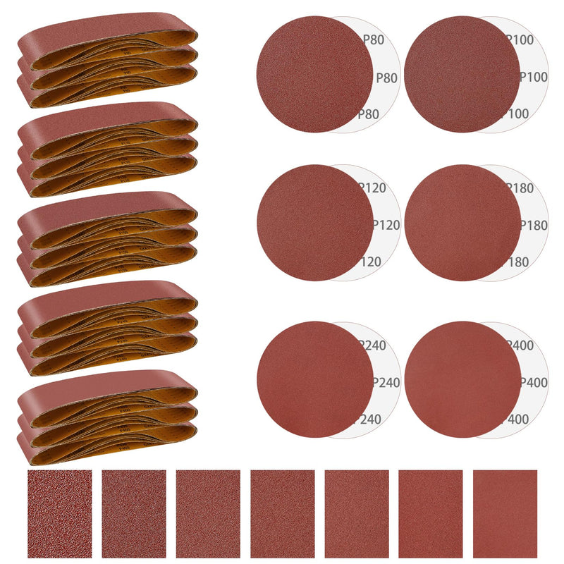 ONLYFU 55PCS 4 x 36 Inch Alumina Sanding Belts (80/120/150/240/400 Grits) with 6 Grits 6-Inch Self Stick No Hole Sanding Disc for Aluminum Oxide Sanders, Sandpaper for Wood Metal Stainless Steel 55