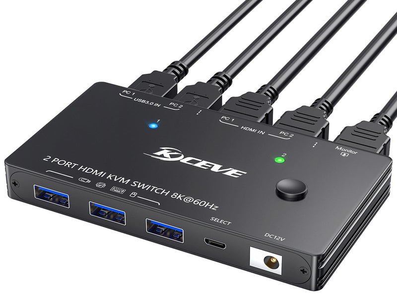 KCEVE HDMI KVM Switch 2 Computer 1 Monitor 8K@60Hz, KVM Switch HDMI 2 Port with 3 USB3.0, Wired Remote, Power Adapter and USB Cables 8K HDMI KVM 2 PC 1 Monitor