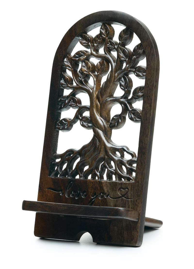 Handicraftviet - Handcrafted Wooden Tree of Life Phone Stand, Engraved “I Love You” – Vintage Desk Docking Station for Smartphone – Gift for Mom, Grandma, Sister, Dark Brown (Tree of Life)