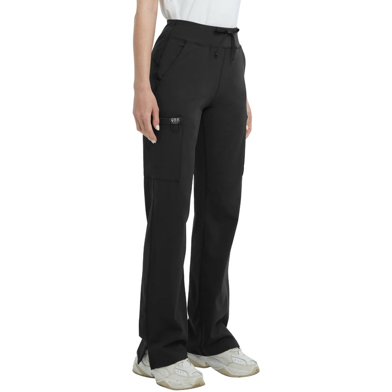 QBK High Rise Yoga Scrub Pants Women - Straight Wide Leg Uniform Pants with Cargo Pocket, Anti-Wrinkle & Knit Yoga Waistband Regular Small Black