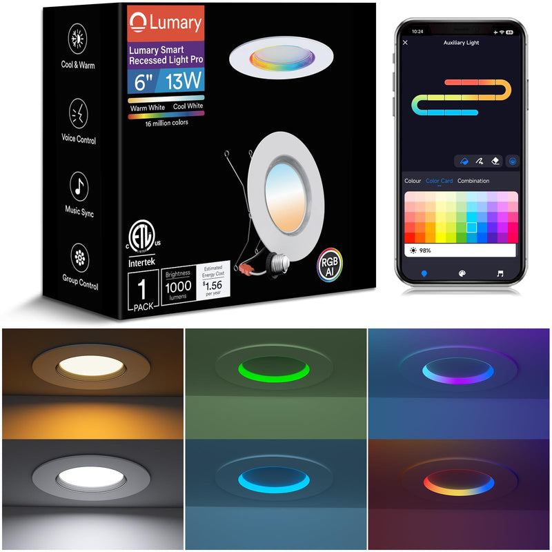 Lumary Smart Retrofit LED Recessed Lighting 5/6 Inch w/RGB Ring, ETL RGBAI Retrofit Can Light CCT Dimmable, Wi-Fi Bluetooth Connect, 66 Scenes Mode, Work with Alexa Google, CRI 90 1000Lm, 1 Pack 1Pack