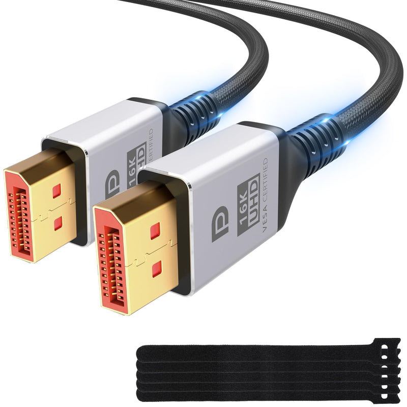 VESA Certified 16K DisplayPort Cable 2.1 20 Ft, 80Gbps [16K@60Hz, 8K@120Hz, 4K@240Hz@165Hz@144Hz] HDR10, HDCP DSC 1.2a 3D,Braided eARC DP 2.0/1.4 Cord FreeSync G-Sync for Gaming/PC/TV/Monitor/Graphics 20FT