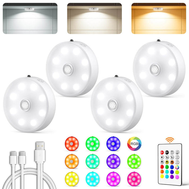 Puck Lights with Remote Control, Rechargeable Motion Sensor Lights Indoor, 12 RGB Color LED Night Light, 3 Color Temps & Dimmable Under Cabinet Lights for Closet, Kitchen, Shelf, Stair White 4 Pack