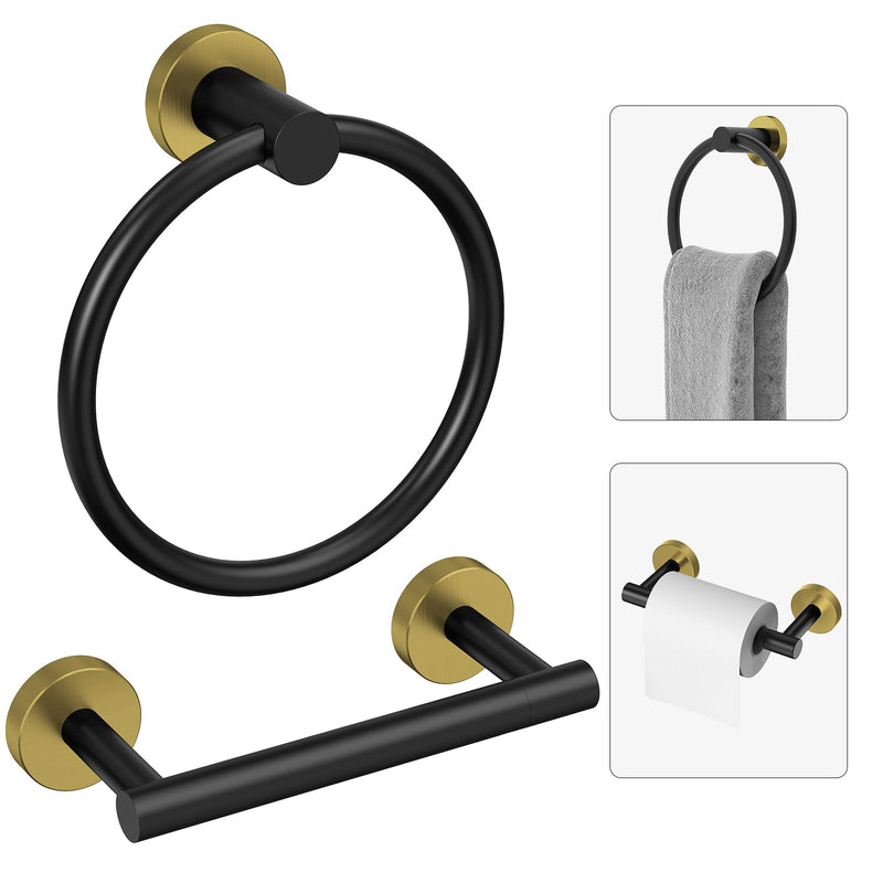 Black and Gold Toilet Paper Holder & Towel Holder, Bathroom Hardware Set-SUS304 Stainless Steel Double Post Pivoting Tissue Roll Holder and Hand Towel Ring Set for Bathroom, RV Black Gold