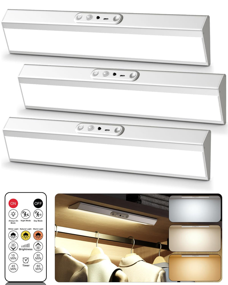 Motion Sensor Closet Lights with Eye Protection Design 400 Lumen Pantry Light Under Cabinet Wireless Lights with Remote Control,3 Color Temp,Rechargeable Night Light for Wardrobe,Cabinet,Kitchen,Shelf Silver 3 Pack