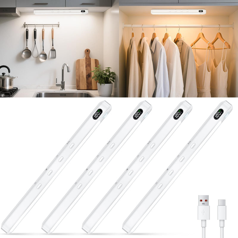 WILLED Under Cabinet & Closet Lights, Motion Sensor, Rechargeable, Magnetic, 3 Color Temps, Dimmable LED Light Bar for Indoor Kitchen Counter (4 Pack, White) 4 Pack