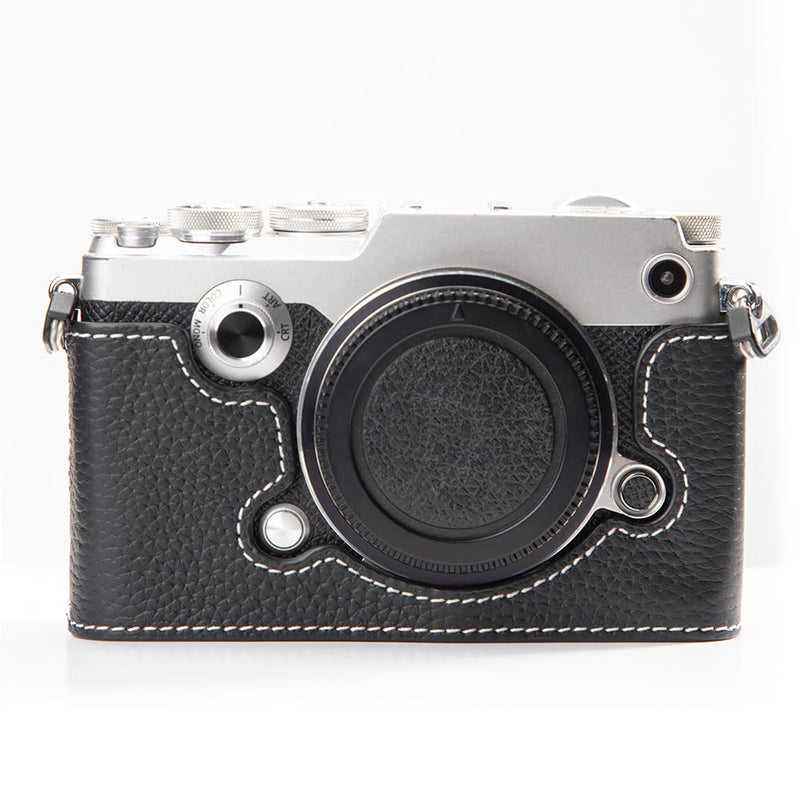 Leather Vintage Half-Wrap Camera Protection case, Handcrafted Camera case, Suitable for Olympus Pen-F M43 (Black) Black