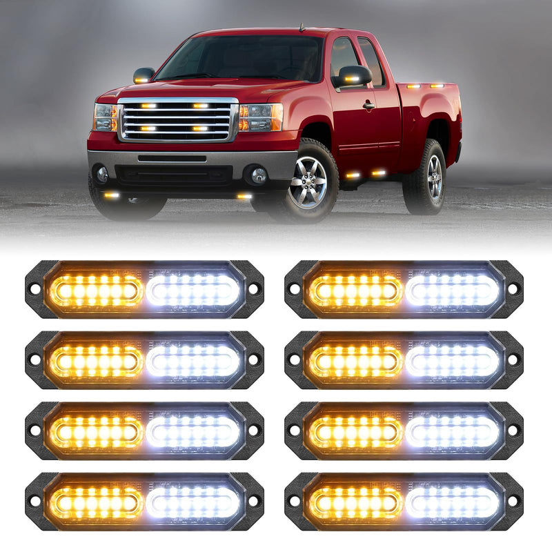 HLauto 1200T Emergency Strobe Grille Lights: 8pcs 12 LED Sync Feature Safety Warning Flashing Lights, Ultra Slim Surface Mount Hazard Caution Light for Trucks, Vehicles, Car, ATV, UTV (Amber White) Amber/White