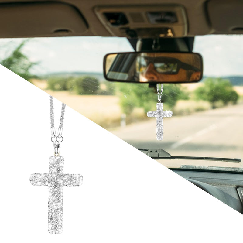 Bling Car Rear View Mirror Accessories Hanging Pendant,Cross Crystal Rhinestone For Car Mirror Hanging,Double-Sided Cross Diamond Religious,Interior Men Women Car Accessories Silver White