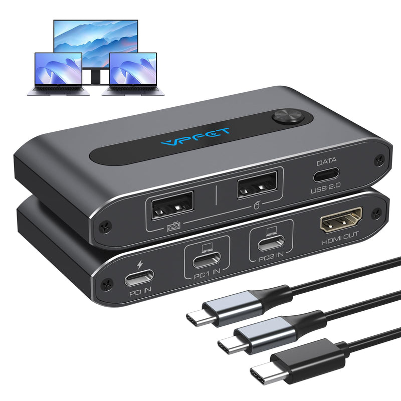 Dual USB C KVM Switch 4K@60Hz HDMI USB C Thunderbolt KVM Switch for 2 Computers 1 Monitor Up to PD 100W Charging with USB Port Mac Windows Laptop