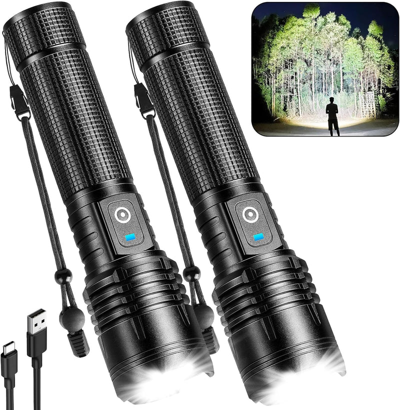 Flashlight Rechargeable LED High Lumens - 99,000lm Super Bright Flash Light with 5 Modes, Waterproof Powerful Lintera for Home, Camping(2 Pack)