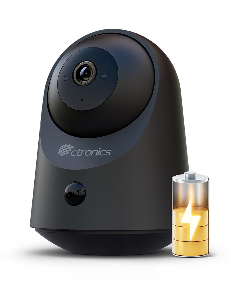 Ctronics 2K 3MP Indoor Security Camera,100% Wireless Battery Camera, 20m Infrared Night Vision, App & PC, FTP/Local Storage/Cloud, PIR Motion Detection, 2.4GHz WiFi, Two-Way Audio, Black