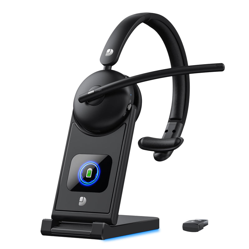 Wireless Headset with Mic for Work, Wireless Headset with Microphone (Noise Cancelling), Smart Mult-Func Dock, 65H Worktime&Fast Charge Bluetooth Headphones for Work/PC/Computer/Call Center/Teams/Zoom Black