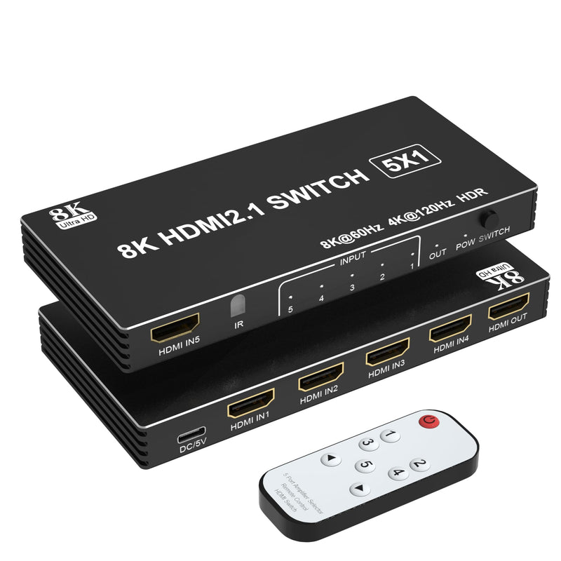 8K HDMI Switch 4K 120Hz - 5 in 1 Out HDMI Splitter Switcher 8K@60Hz 4K@120Hz with Remote 3D HDR10+ HDCP 2.3 CEC, Use for PS5/4/3 Xbox DVD Player Fire Stick Roku TV PC Nintendo Switch