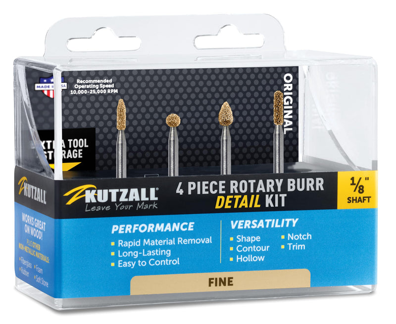Kutzall 4-Piece Rotary Burr Detail Kit - 1⁄8" Shaft, Fine – Wood Carving Bit for Dremel, Foredom, Ryobi, DeWalt, Milwaukee Tools - Structured Tungsten Carbide, 18FKIT02 Fine Detail Kit