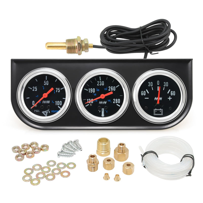 MH 2inch 52mm Triple Gauge Set, Oil Pressure (0-100PSI) Water Temperature (130°F-280°F) Ammeter AMP (-60 to 60) Car Auto 3 Gauges Cluster Set Automotive Kit Black
