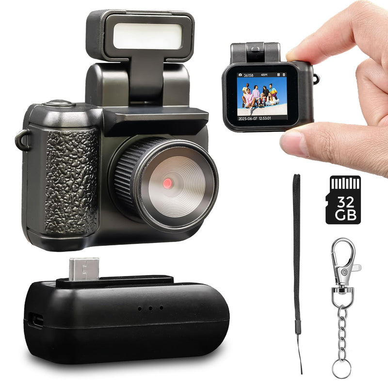 Small Digital Camera Keychain with Flash Light 1080p Tiny Camera Mini Retro Micro 1.4 in LCD Screen 32GB Card Charging Base Compact Portable Recorder for Travel Study Recording (Black) Black