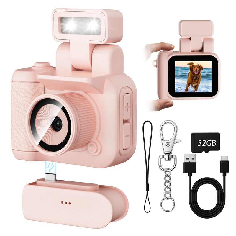 Mini Digital Camera, Keychina Camera with 1080P HD Video Recorder, 1.44" Display Screen Micro Camera with 32G Card, Flippable Flash, Muliple Filers Pink